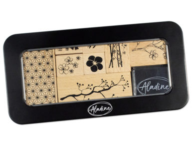 Wooden stamp Aladine 8pcs Flowers + ink pad black metal box