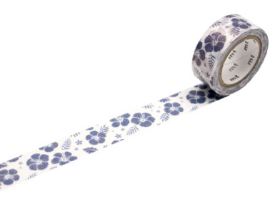 Washi dekoratyvi lipni juostelė mt fab Pearl 15mmx5m hibiscus navy blue